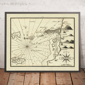 Vieux Port de Trapani, Sicile Carte Nautique par Heather, 1802 : Italie, Fortifications, Salines, Cabanes de Pêche 
