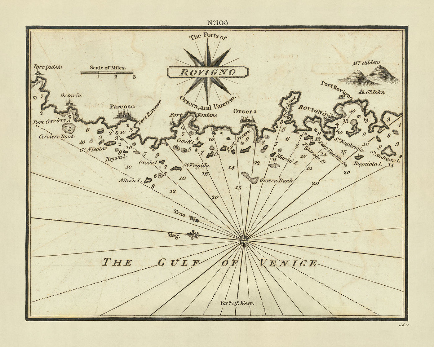 Carta náutica de la antigua península de Istria de Heather, 1802: Rovinj, Poreč, Vrsar