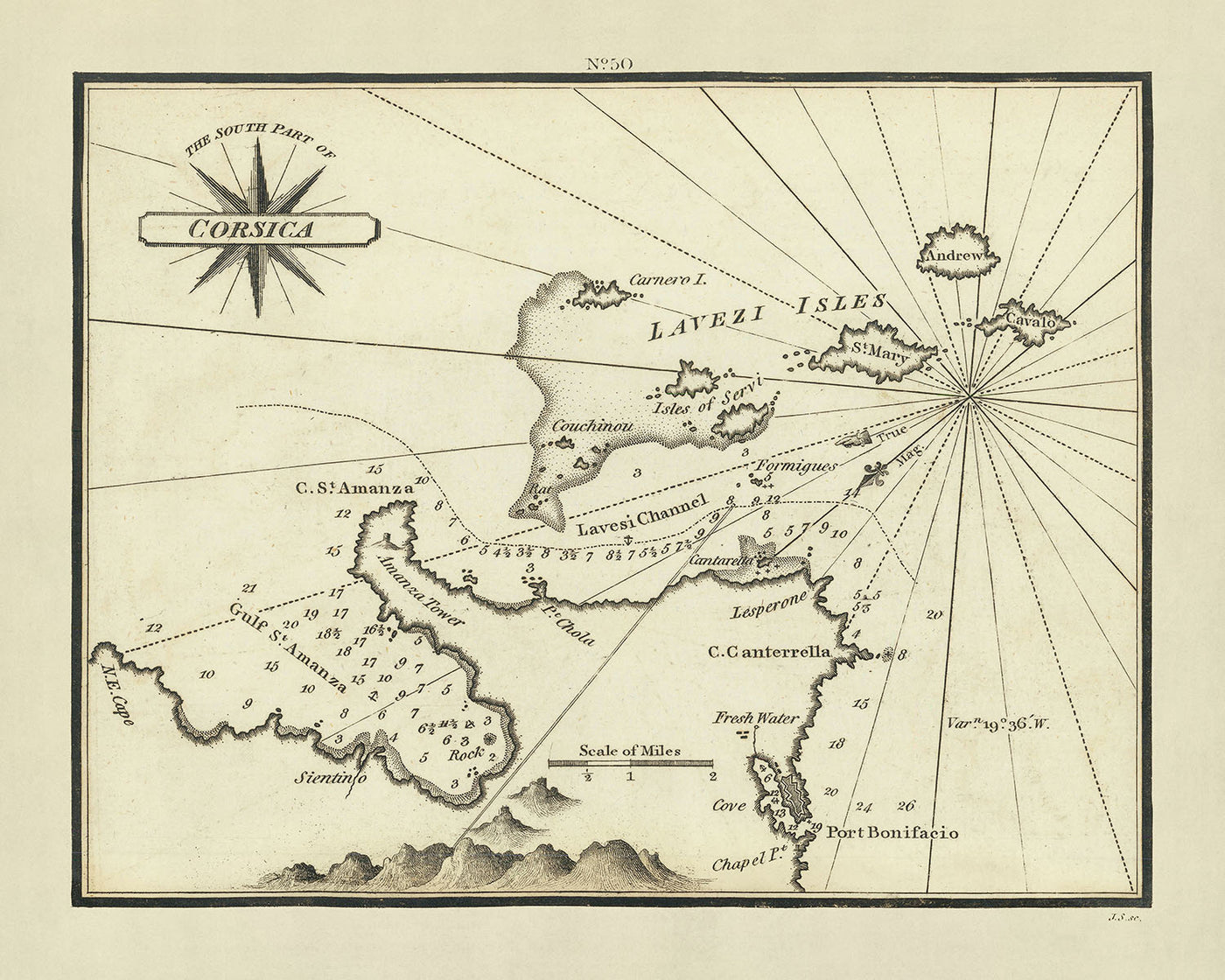 Ancienne carte marine de la Corse par Heather, 1802 : Porto-Vecchio, îles Lavezzi, Bonifacio