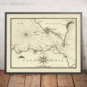 Ancienne carte nautique du détroit de Messine par Heather, 1802 : Sicile, Reggio de Calabre, Fortifications 