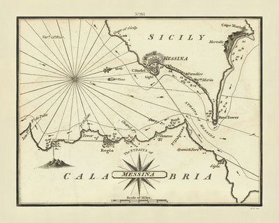 Alte Seekarte der Straße von Messina von Heather, 1802: Messina, Reggio, Befestigungen