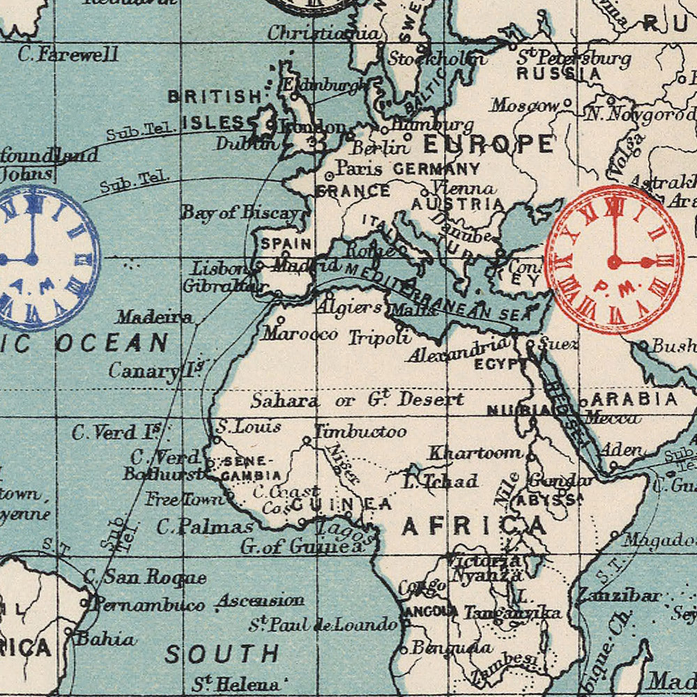 Ancienne carte infographique des fuseaux horaires par Johnston, 1906 : communication mondiale, câbles télégraphiques, synchronisation de l'heure