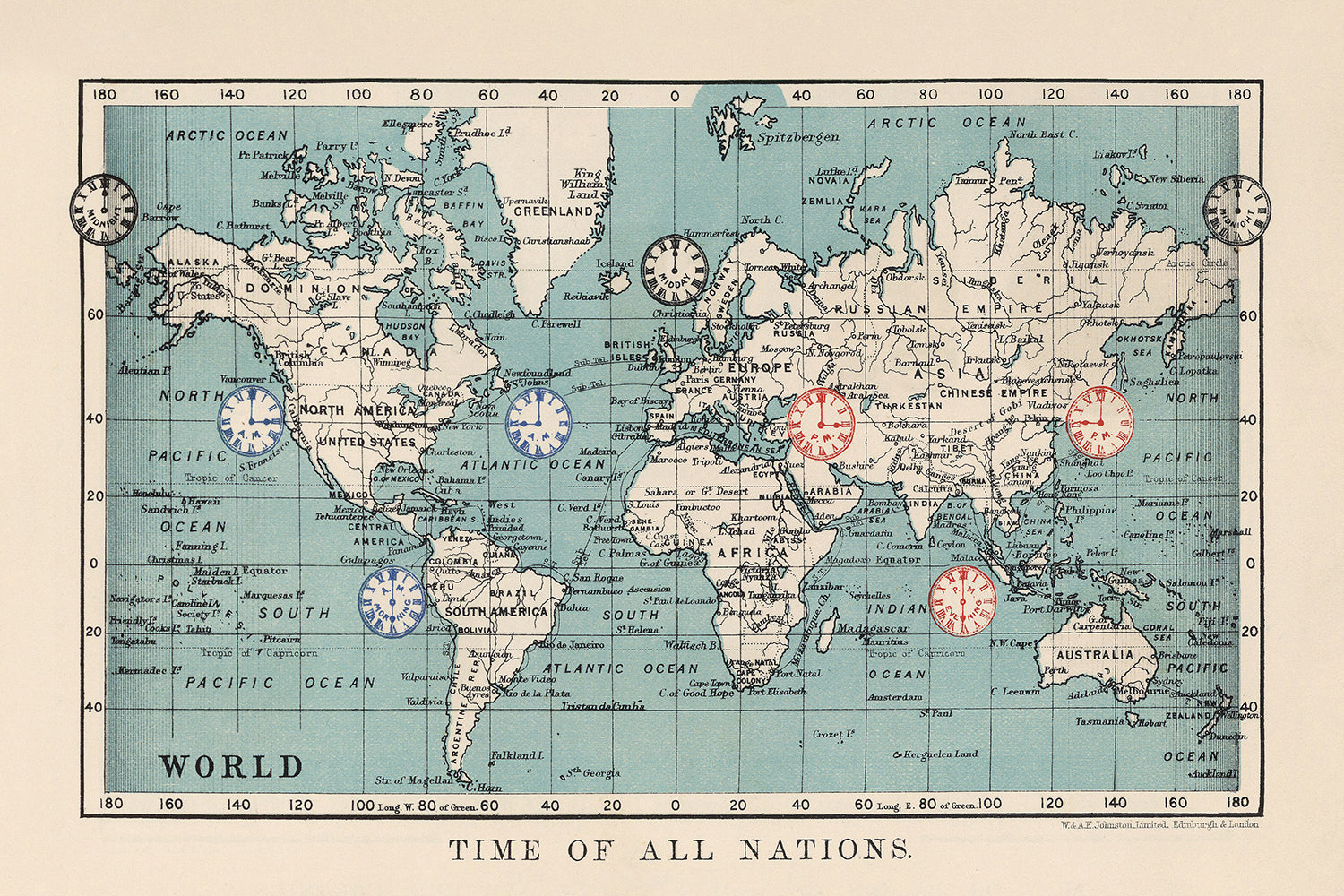 Old Time Zones World Map by AK Johnston, 1906 – The Unique Maps Co.