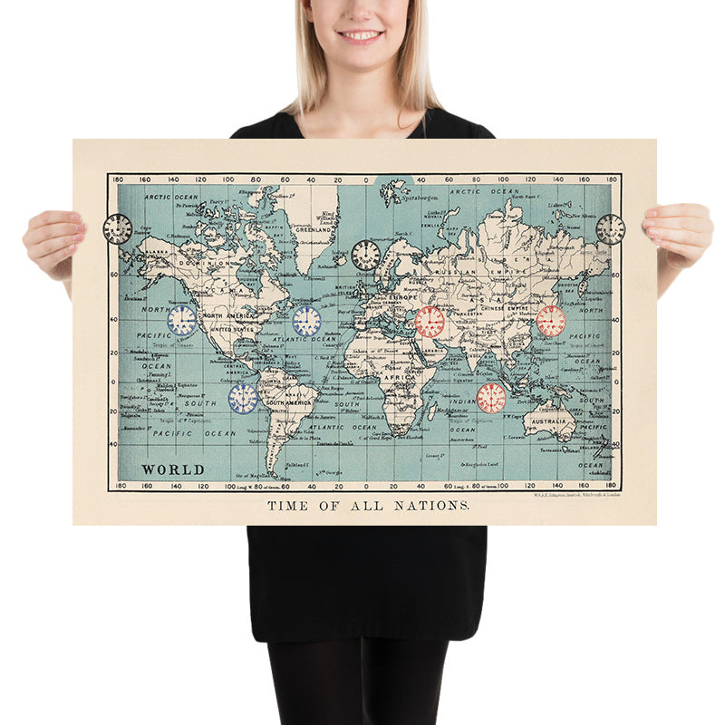 1980. Time Map Old Time Zones World Map by AK Johnston, 1906 – The Unique Maps Co.
