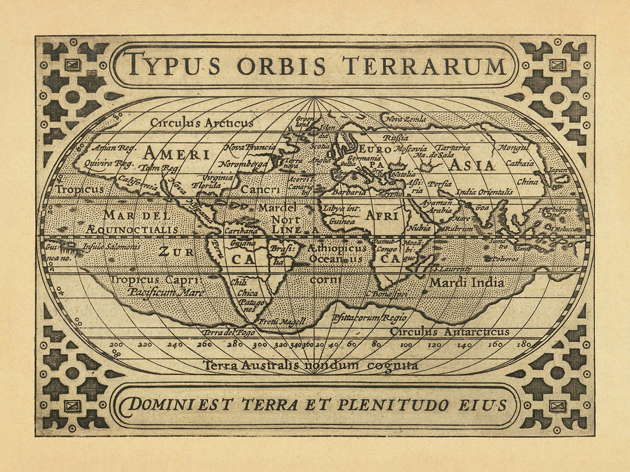Mappa del mondo antico di Bertius, 1616: Proiezione ovale, decorazioni a nastro, Terra Australis 