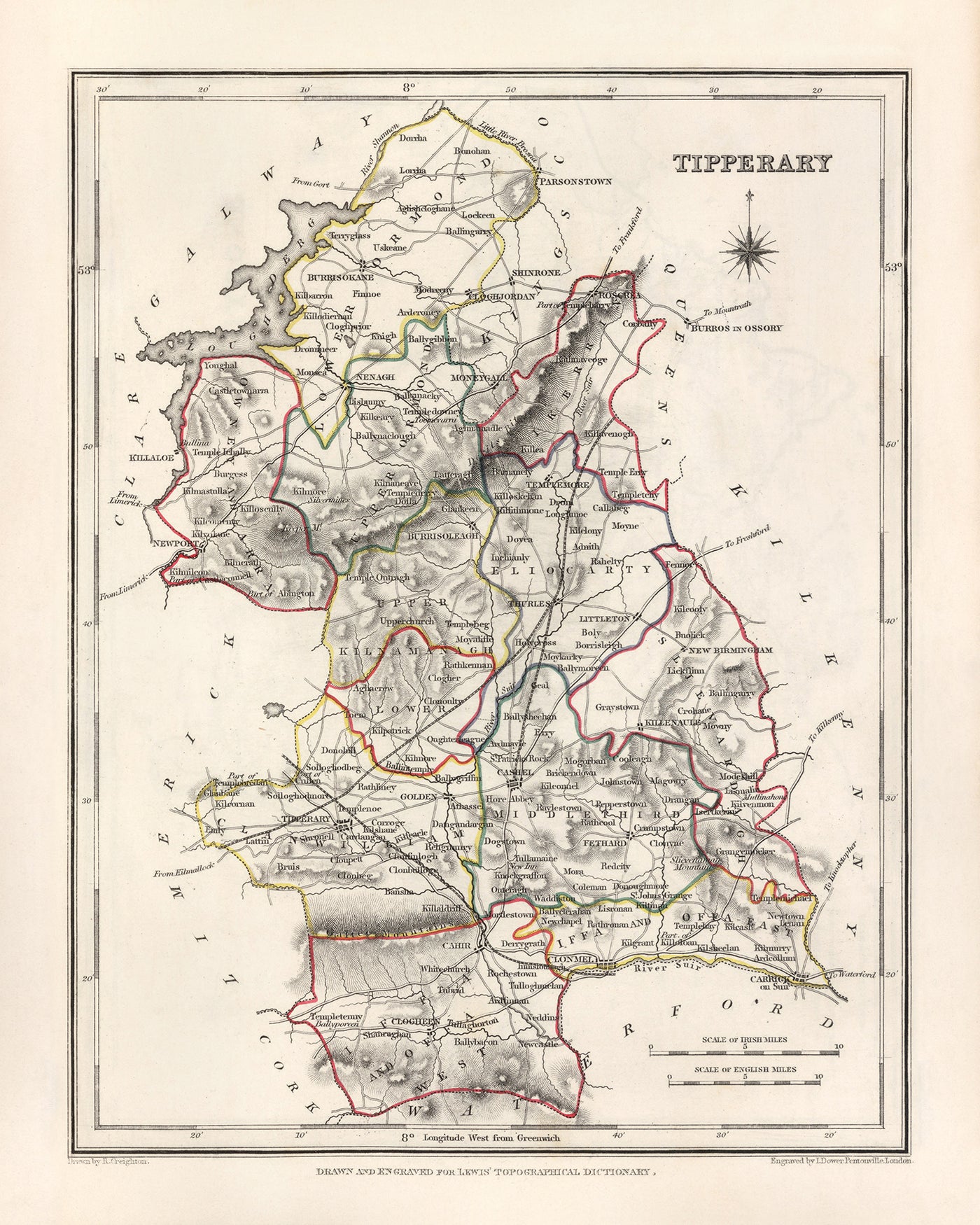 Ancienne carte du comté de Tipperary par Samuel Lewis, 1844 : Clonmel, Nenagh, Thurles, Cashel, Cahir