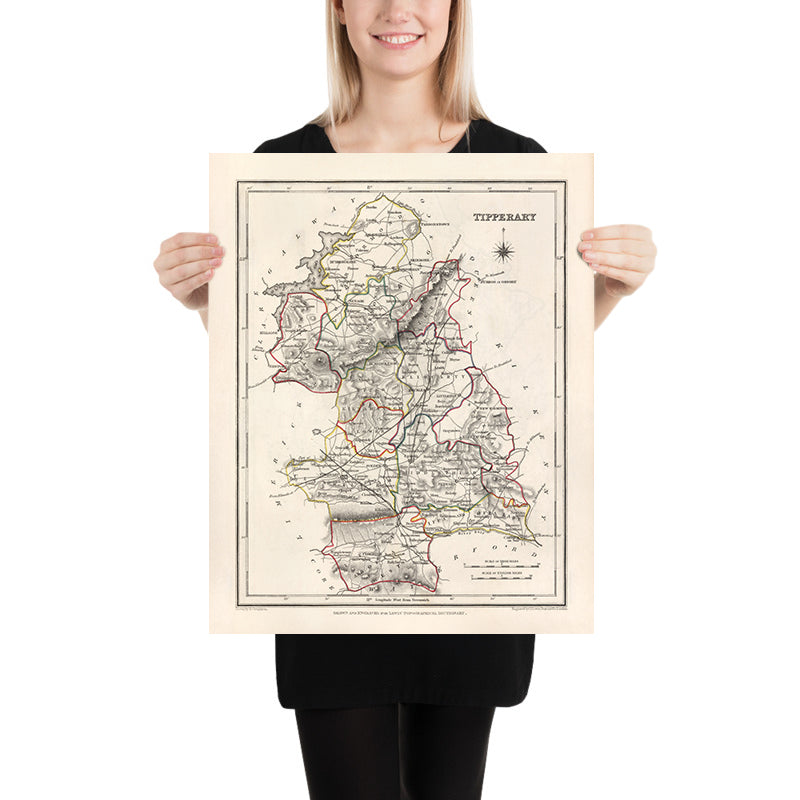 Mapa antiguo del condado de Tipperary por Samuel Lewis, 1844: Clonmel, Nenagh, Thurles, Cashel, Cahir