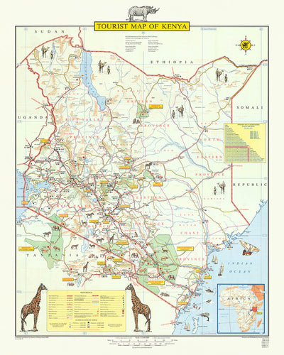 Antiguo mapa pictórico de Kenia, 1968: Nairobi, Mombasa, Monte Kenia, Lago Victoria, Llanuras de Tsavo