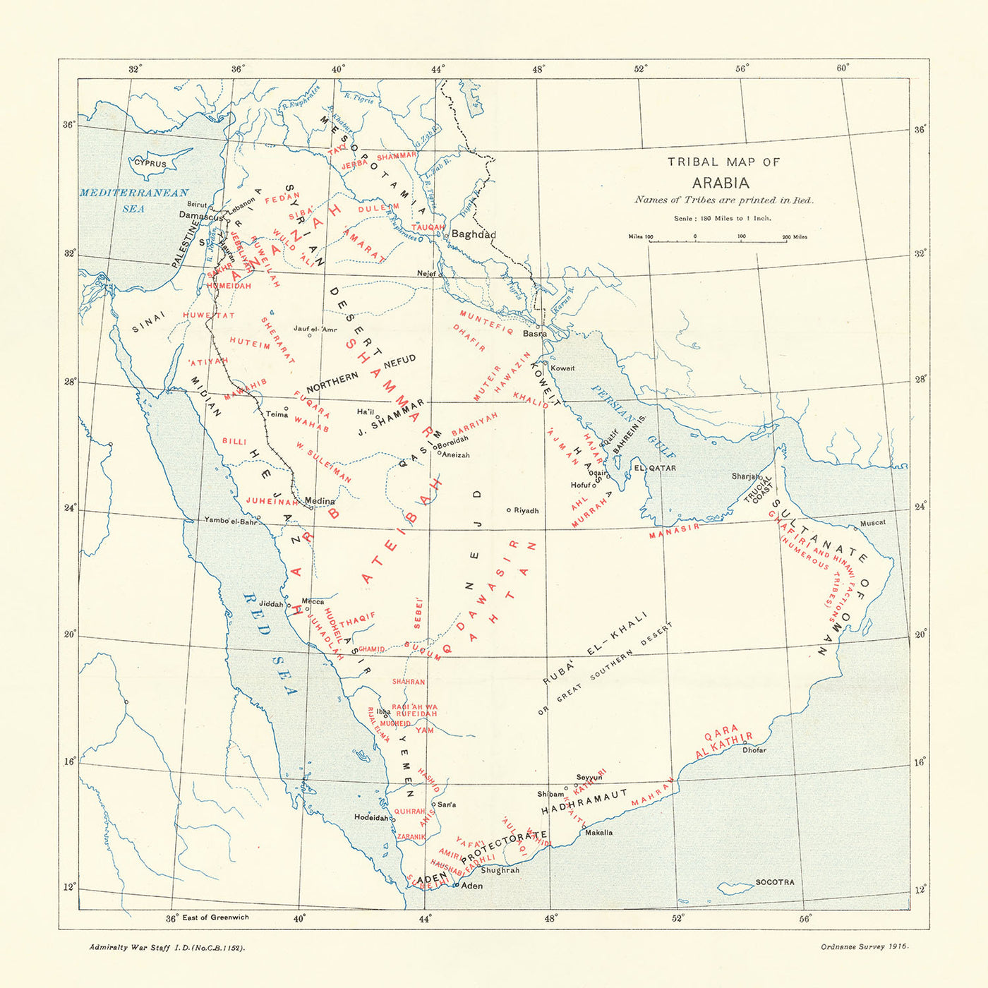 Antiguo mapa infográfico de la Península Arábiga por el Estado Mayor de Guerra del Almirantazgo, 1916: tribus, ciudades, revuelta árabe