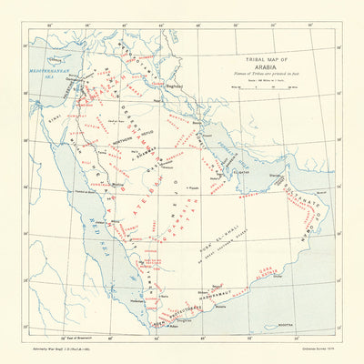 Ancienne carte infographique de la péninsule arabique par l'état-major de guerre de l'Amirauté, 1916 : tribus, villes, révolte arabe