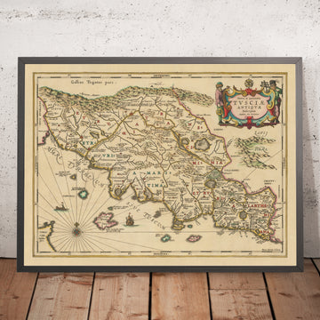 Mapa antiguo de la Toscana antigua por Jansson, 1652: Ciudades-Estado etruscas, Lacio, Umbría, asentamientos y caminos romanos, Apeninos, río Arno 