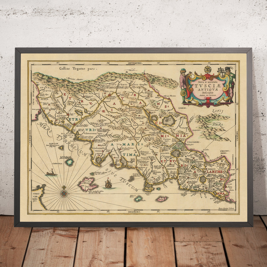 Mappa antica della Toscana da Jansson, 1652: città-stato etrusche, Lazio, Umbria, insediamenti e strade romane, Appennini, fiume Arno 