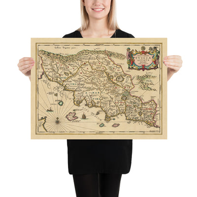 Mapa antiguo de Toscana, Lacio y Umbría de Jansson, 1652: ciudades-estado etruscas, asentamientos romanos, montañas de los Apeninos, río Arno, antiguas calzadas romanas