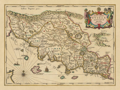 Mapa antiguo de Toscana, Lacio y Umbría de Jansson, 1652: ciudades-estado etruscas, asentamientos romanos, montañas de los Apeninos, río Arno, antiguas calzadas romanas