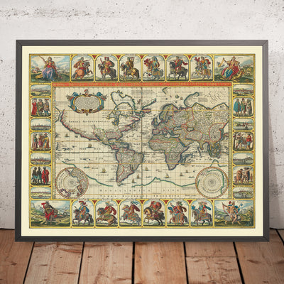 Rare "Twelve Caesars" World Map by Visscher, 1652: Mythical Islands, Julius, Augustus, Tiberius, Caligula, etc.