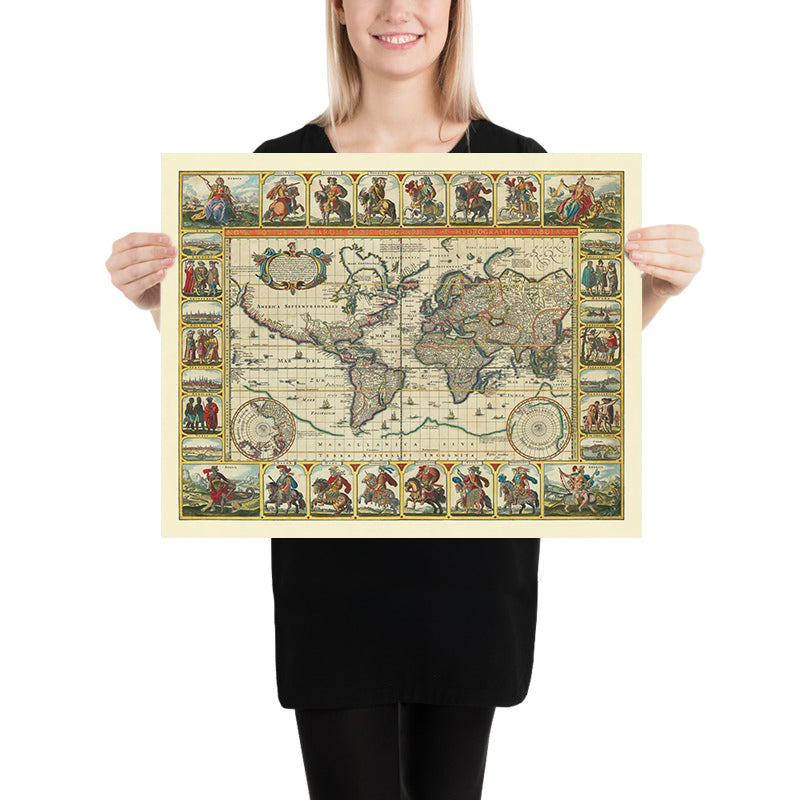 Carte du vieux monde Le monde connu par Visscher, 1652 : douze Césars, îles mythiques, cartographie hollandaise