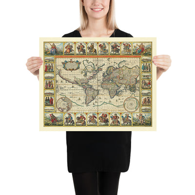 Alte Weltkarte Die bekannte Welt von Visscher, 1652: Zwölf Cäsaren, mythische Inseln, niederländische Kartographie