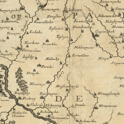 Antiguo mapa de Ucrania de Sanson, 1665: Kiev, río Dnieper, Chernihiv, Poltava, bosques