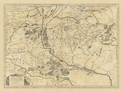 Antiguo mapa de Ucrania de Sanson, 1665: Kiev, río Dnieper, Chernihiv, Poltava, bosques
