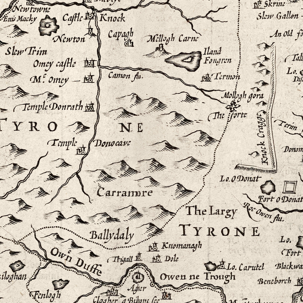 Mapa monocromático antiguo de Ulster, Irlanda del Norte en 1611 por John Speed ​​- Belfast, Derry (no Londonderry), Condado Antrim y Down