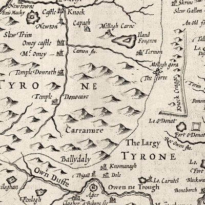 Mapa monocromático antiguo de Ulster, Irlanda del Norte en 1611 por John Speed ​​- Belfast, Derry (no Londonderry), Condado Antrim y Down