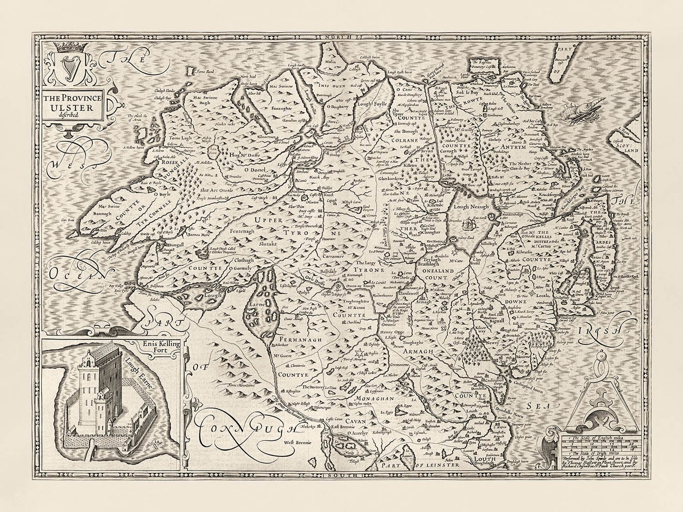 Mapa monocromático antiguo de Ulster, Irlanda del Norte en 1611 por John Speed ​​- Belfast, Derry (no Londonderry), Condado Antrim y Down