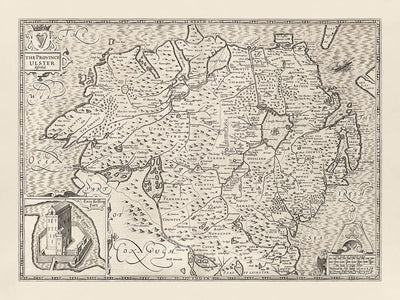 Mapa monocromático antiguo de Ulster, Irlanda del Norte en 1611 por John Speed ​​- Belfast, Derry (no Londonderry), Condado Antrim y Down