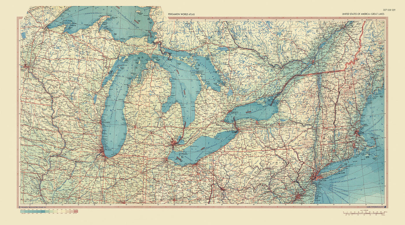 Ancienne carte de la région des Grands Lacs par le Service topographique de l'armée polonaise, 1967 : lac Michigan, Chicago, lac Huron, lac Ontario, lac Érié et Supérieur.