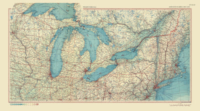 Ancienne carte de la région des Grands Lacs par le Service topographique de l'armée polonaise, 1967 : lac Michigan, Chicago, lac Huron, lac Ontario, lac Érié et Supérieur.