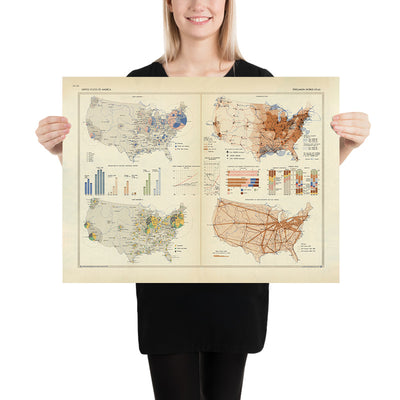 Infografik-Karte der Vereinigten Staaten von Amerika vom polnischen Armee-Topografiedienst, 1967: Industrielle Entwicklung, Verkehrsinfrastruktur, Außenhandelsdynamik