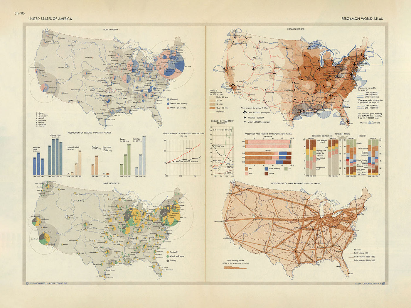 Carte infographique des États-Unis d'Amérique par le service topographique de l'armée polonaise, 1967 : développement industriel, infrastructures de transport, dynamique du commerce extérieur