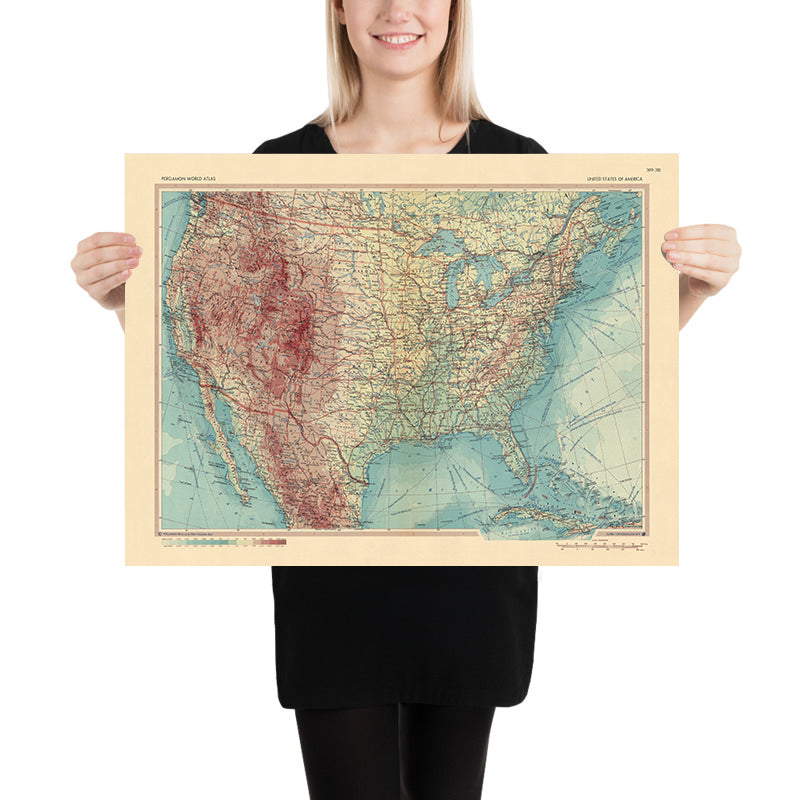 Mapa antiguo de los Estados Unidos de América realizado por el Servicio de Topografía del Ejército Polaco, 1967: Ciudades fronterizas entre Estados Unidos y Canadá, Frontera con México, Cuba, Quebec, Terranova, Nueva Escocia