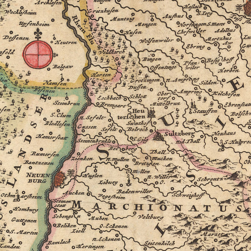 Ancienne carte de la Haute Alsace, du Breisgau et du Sundgau par Visscher, 1690 : Bâle, Fribourg-en-Brisgau, Colmar, Mulhouse, Jurapark Aargau