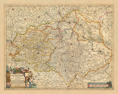 Mapa antiguo de Alta Sajonia por Visscher, 1690: Leipzig, Dresde, Magdeburgo, Halle (Saale), Erfurt