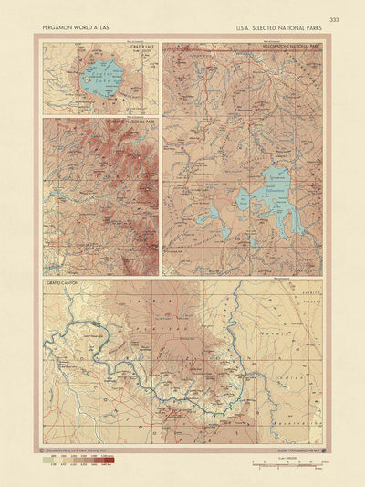 Ancienne carte des États-Unis, 1967 : Yellowstone, Grand Canyon, Yosemite, fleuve Mississippi, atterrissage sur la Lune