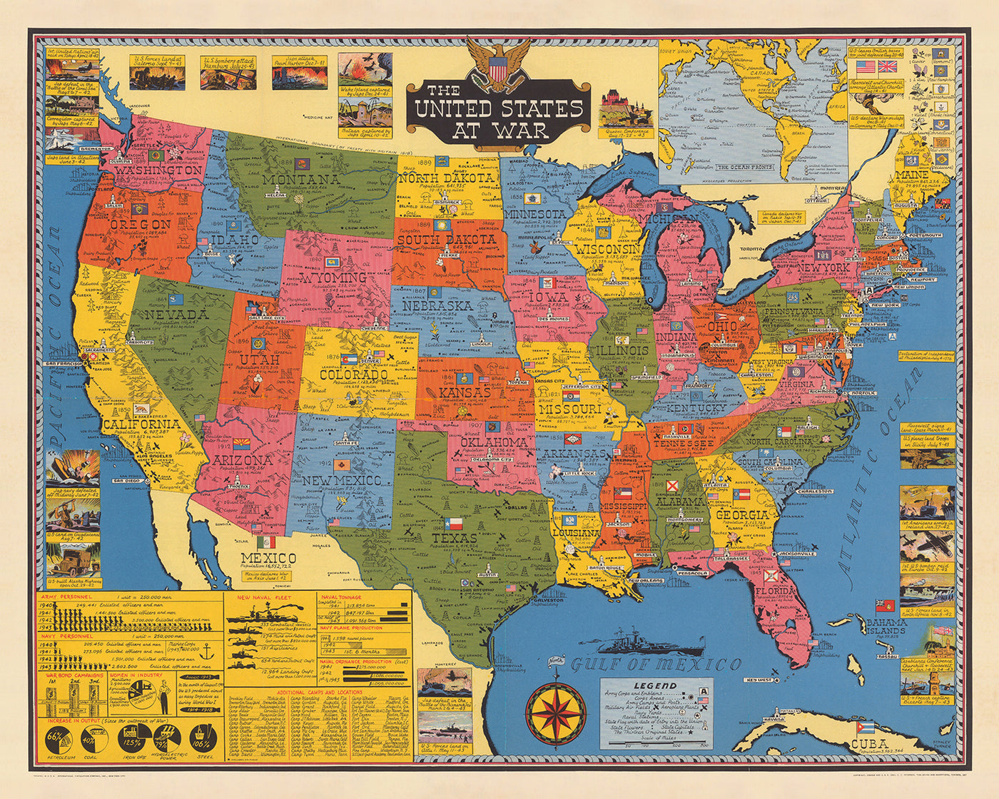 Ancienne carte des États-Unis en guerre par Stanley Turner, 1943 : tableau de l'armée et de la marine de la Seconde Guerre mondiale