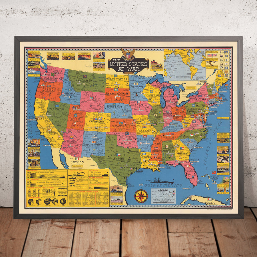 Mapa antiguo de Estados Unidos en guerra por Stanley Turner, 1943: Carta nacional del ejército y la marina de la Segunda Guerra Mundial