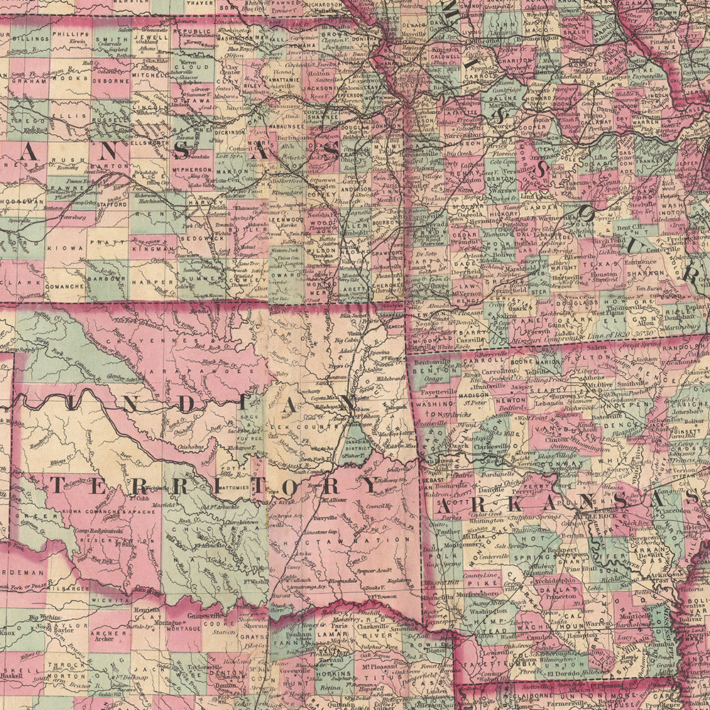 Old Rare County Map of the United States by GW Colton, 1874