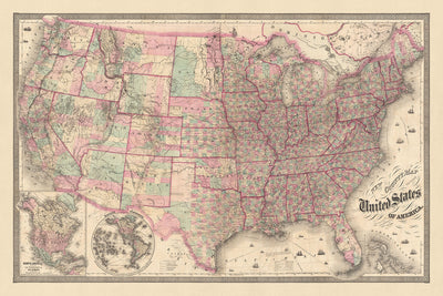 Ancienne carte rare des États-Unis par Colton, 1874 : New York, Philadelphie, montagnes Rocheuses, fleuve Mississippi, chemins de fer