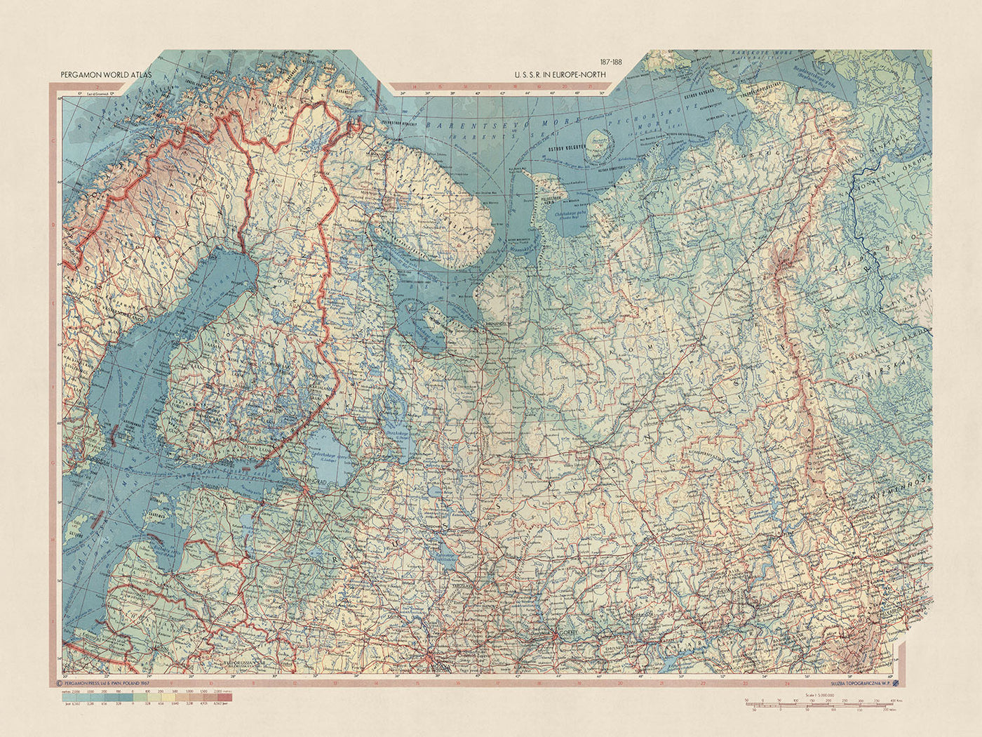 Mapa antiguo de la URSS en Europa (Norte) realizado por el Servicio de Topografía del Ejército Polaco, 1967: Estonia, Finlandia, Letonia, Rusia, características físicas y políticas detalladas