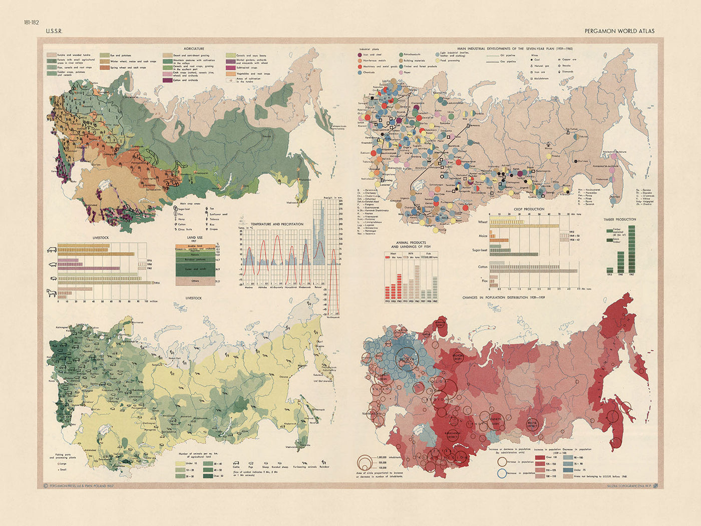 Infographic Map of USSR, 1967: Russian Population Dynamics, Industrial Progress, and Agricultural Landscape