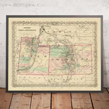 Mapa antiguo de Utah y Colorado por JH Colton, 1873: Salt Lake City, Denver, Provo, Colorado Springs, Fort Collins