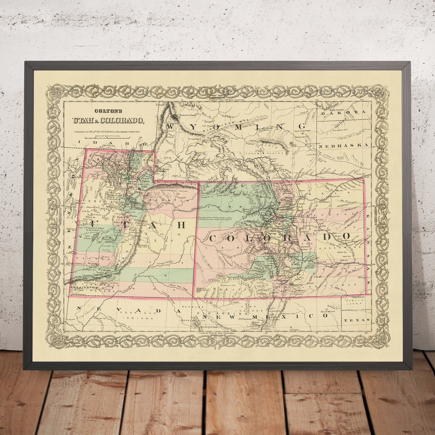 Ancienne carte de l'Utah et du Colorado par JH Colton, 1873 : Salt Lake City, Denver, Provo, Colorado Springs, Fort Collins