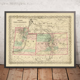 Old map of Utah & Colorado by J. H. Colton, 1873: Salt Lake City, Denver, Provo, Colorado Springs, Fort Collins