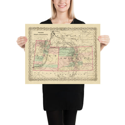 Mapa antiguo de Utah y Colorado por JH Colton, 1873: Salt Lake City, Denver, Provo, Colorado Springs, Fort Collins