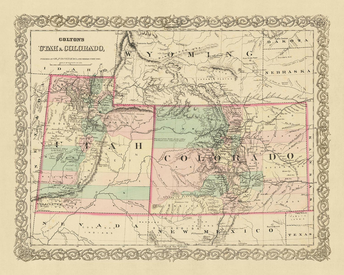 Old map of Utah & Colorado by J. H. Colton, 1873: Salt Lake City, Denver, Provo, Colorado Springs, Fort Collins