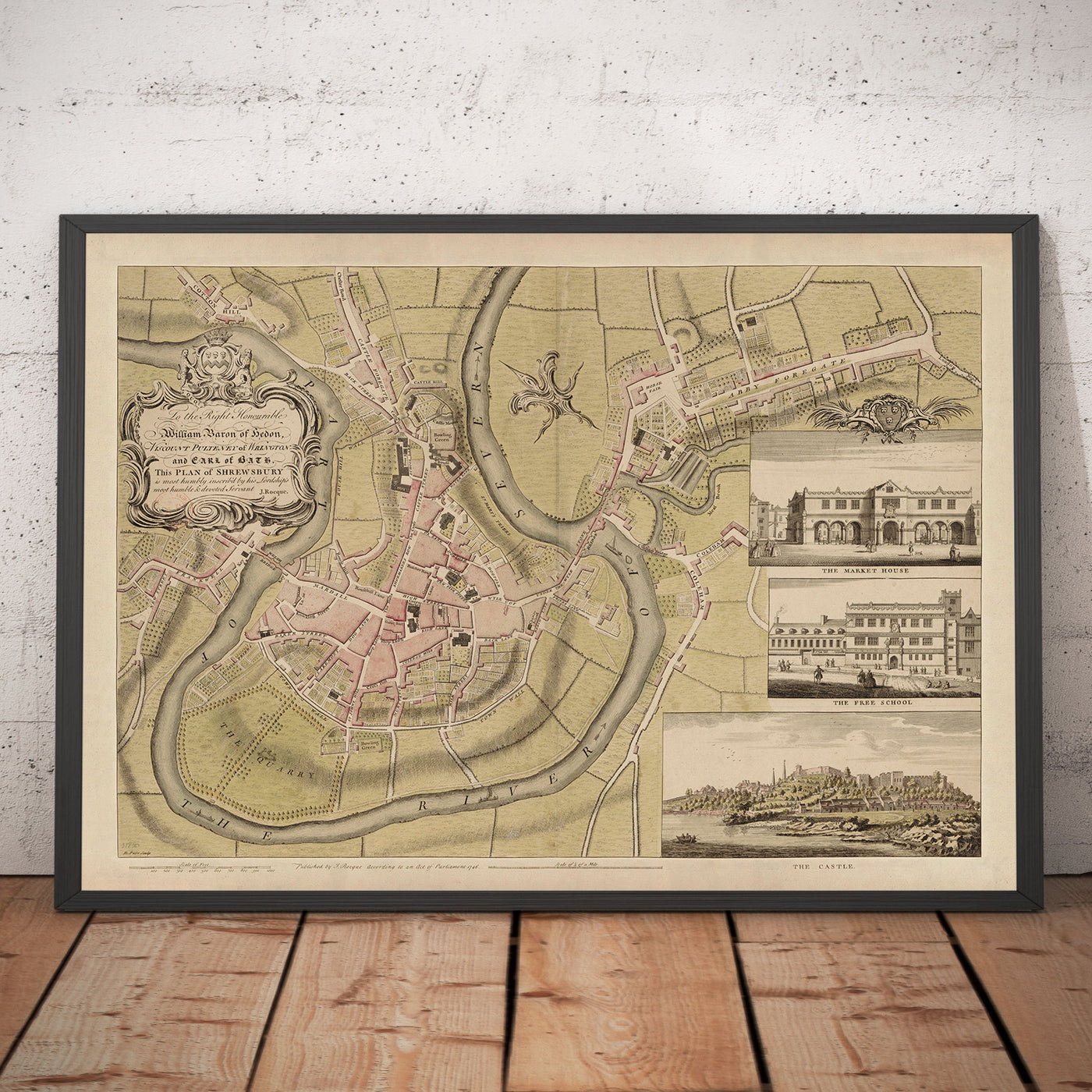 Old Map of Shrewsbury in 1746 by John Rocque - River Severn, Frankwell, Welsh Bridge, Stone Bridge, Bowling Green