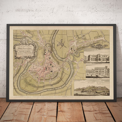 Old Map of Shrewsbury in 1746 by John Rocque - River Severn, Frankwell, Welsh Bridge, Stone Bridge, Bowling Green
