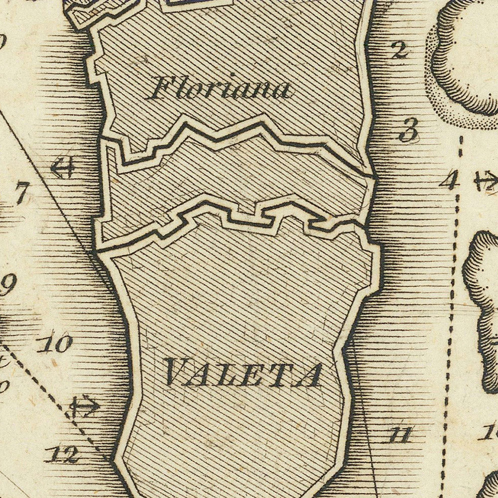 Alte Seekarte des Hafens von Valletta von Heather, 1802: Fort St. Angelo, Großmeisterpalast, St. John's Co-Cathedral
