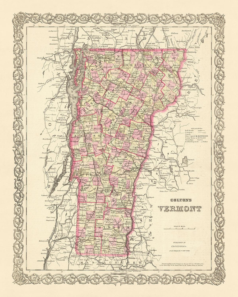 Mappa antica del Vermont di J.H. Colton, 1855: Burlington, Montpelier, Rutland, Brattleboro, St. Albans 